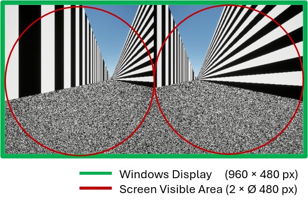 Diagram of the 960 by 480 pixel headset display: the left and right halves each map to one 480 pixel circular eyepiece