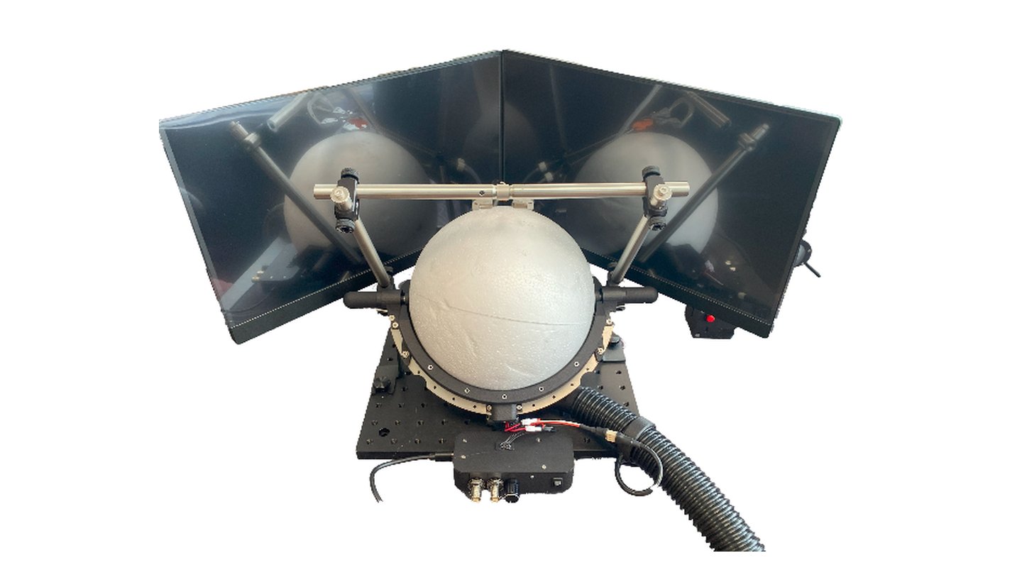Dual 15.6-inch VR displays around the spherical treadmill