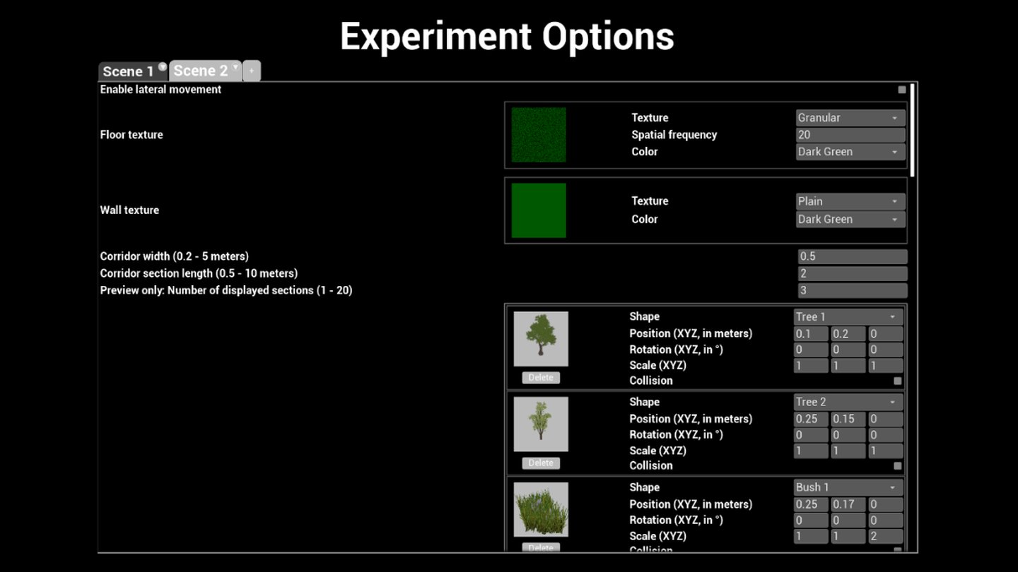 VRLab Suite Experiment Options panel for the Infinite Corridor, with floor and wall textures and tree and bush objects placed by position, rotation and scale