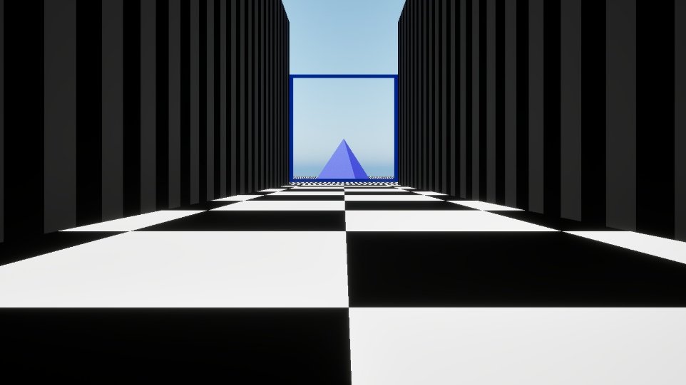 Precipice environment: checkerboard corridor ending at a drop with a pyramid in the distance