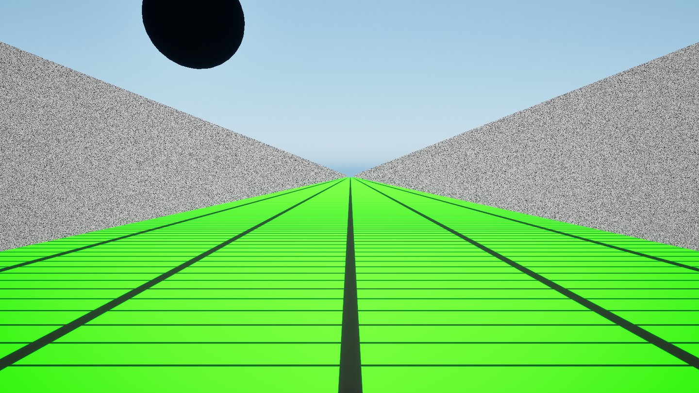 Predator environment: a dark sphere approaching over a green grid corridor