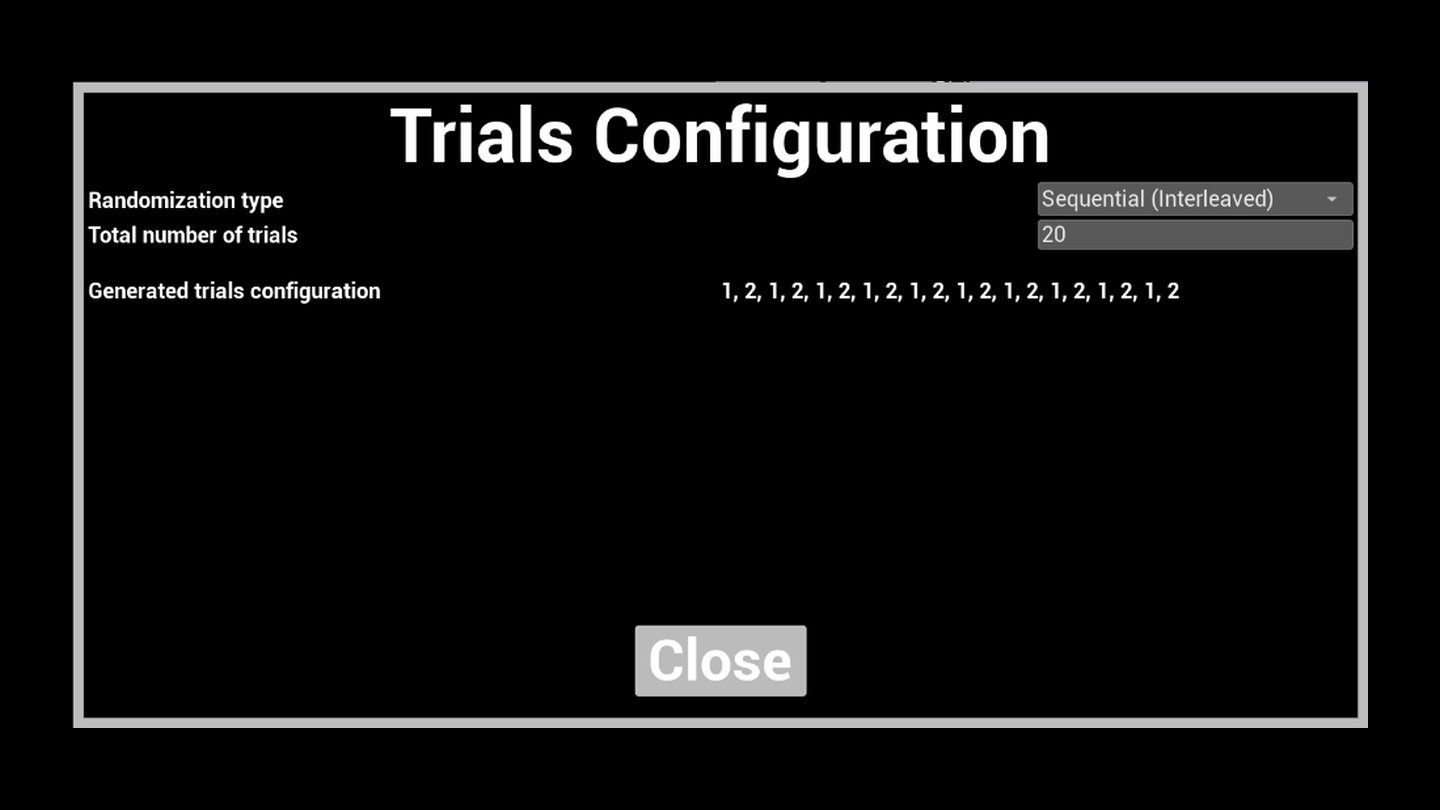 VRLab Suite Trials Configuration window with Sequential Interleaved randomization and 20 generated trials
