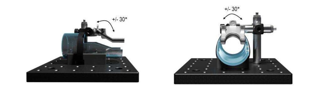 U-Shaped mouse head fixation system seen from the side and the front, with the head holder tilting ±30 degrees