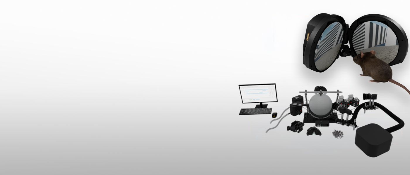 Head-fixed mouse in a virtual reality setup with a compact headset and spherical treadmill