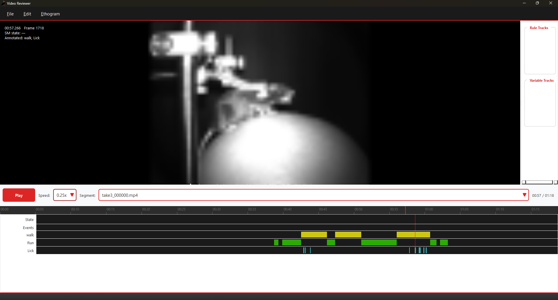 The VideoReviewer window: a head-fixed mouse on a spherical treadmill playing on the left, with a timeline below carrying State and Events lanes above scored walk, Run and Lick behaviors